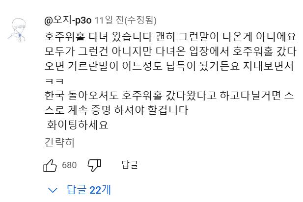 호주 워홀녀.....유튜브 댓글 대참사