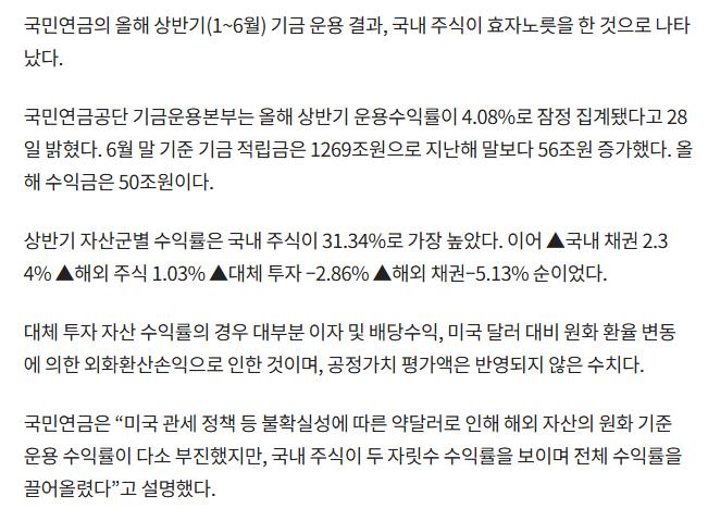 국민연금, 상반기 국내 주식 수익률 31.34%