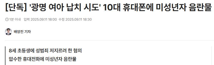 [단독] '광명 여아 납치 시도' 10대 휴대폰에 미성년자 음란물