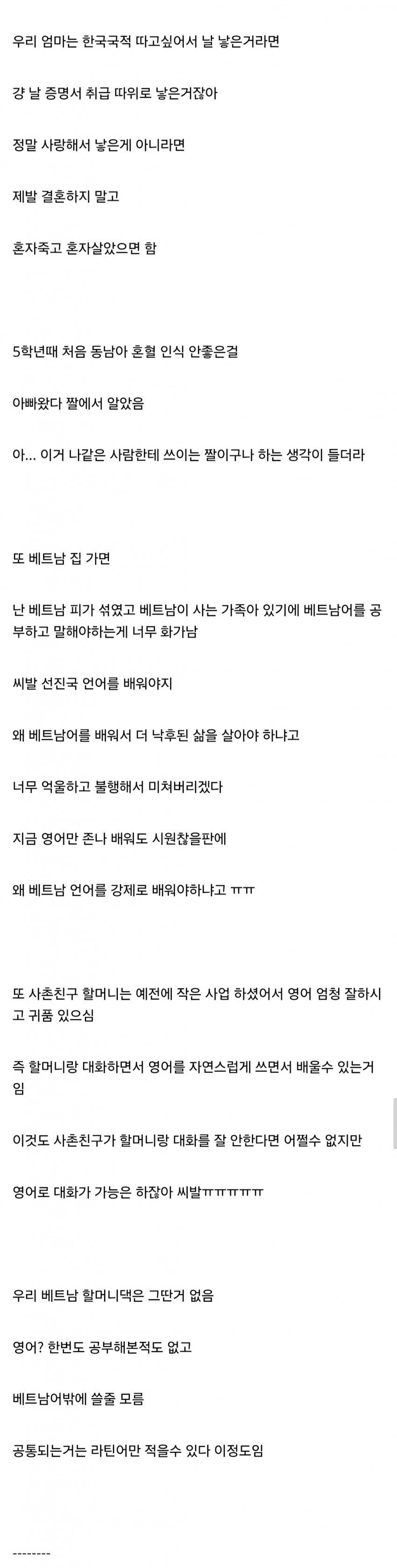 베트남 혼혈이라서 살아가는게 고통스럽다는 디시인