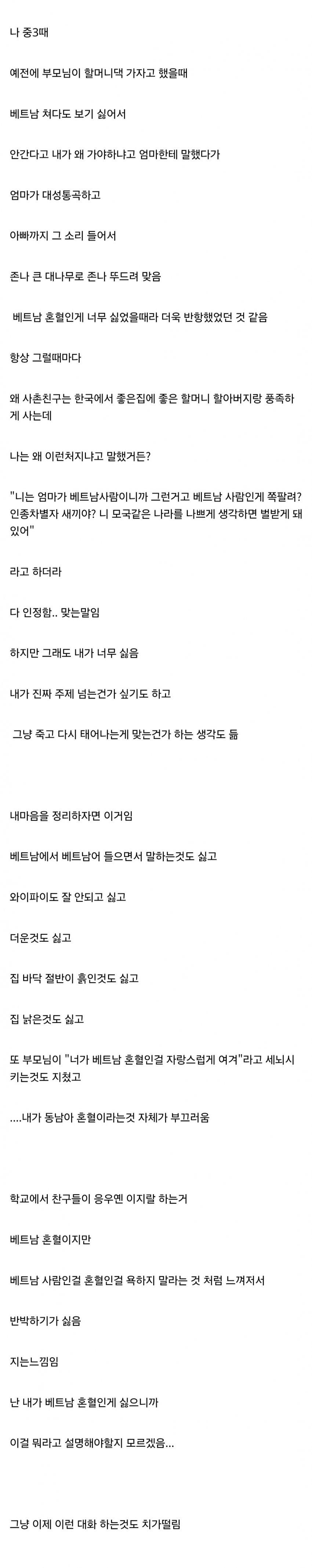베트남 혼혈이라서 살아가는게 고통스럽다는 디시인