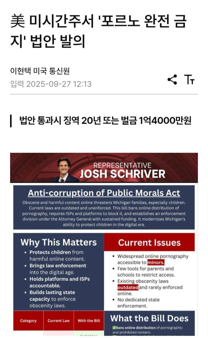 미국 미시간주, 포르노 시청시 징역 20년 법안 발의