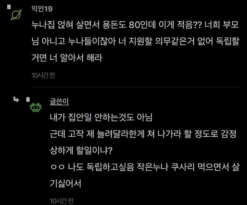 생활비 문제로 누나랑 대판 싸우고 집 나옴