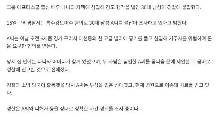 [속보] 30대 남성, 애프터스쿨 출신 배우 나나 자택서 ‘강도 행각’…몸싸움 끝 제압