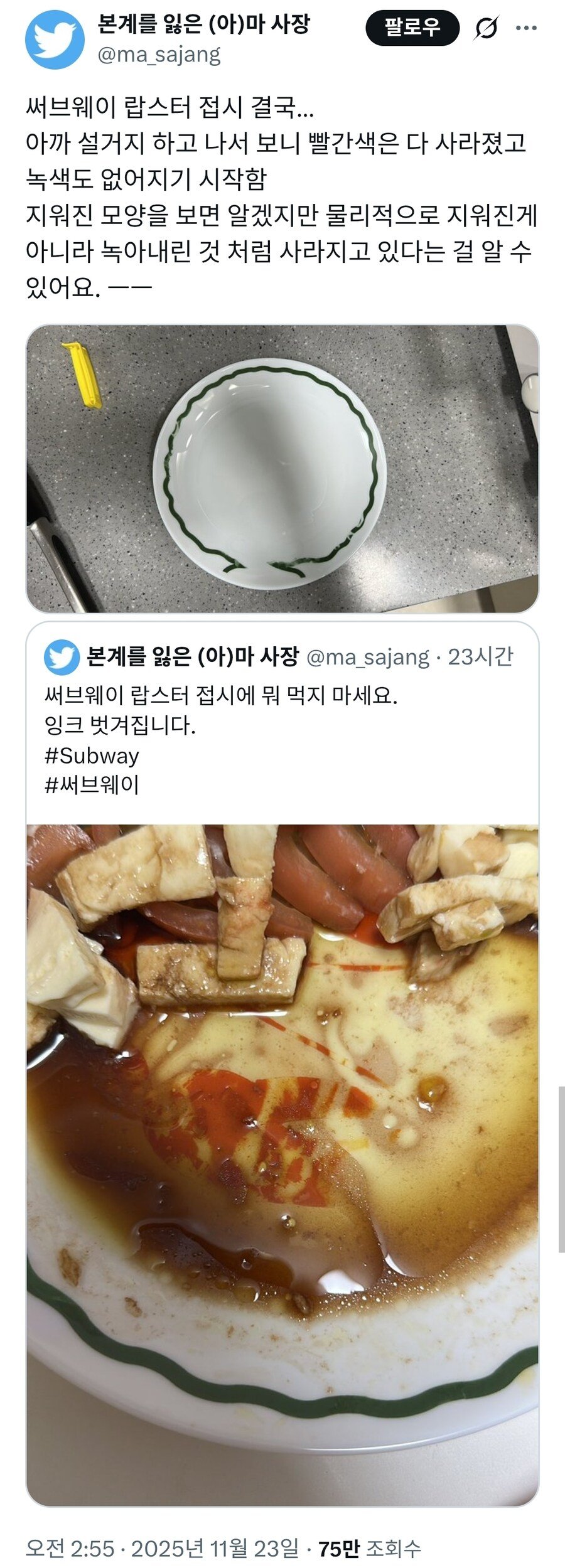 그림이 녹아내리던 서브웨이 랍스타 접시 근황