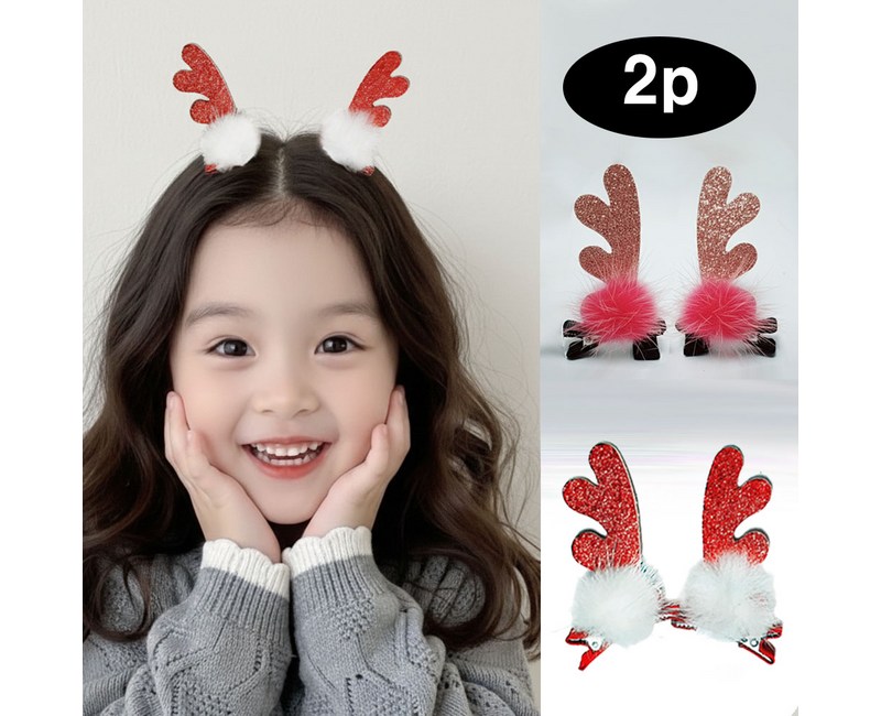 은꽃밴드 (총2P세트)양쪽 루돌프핀 유아크리스마스헤어핀 아기집게핀 핸드메이드 크리스마스머리띠