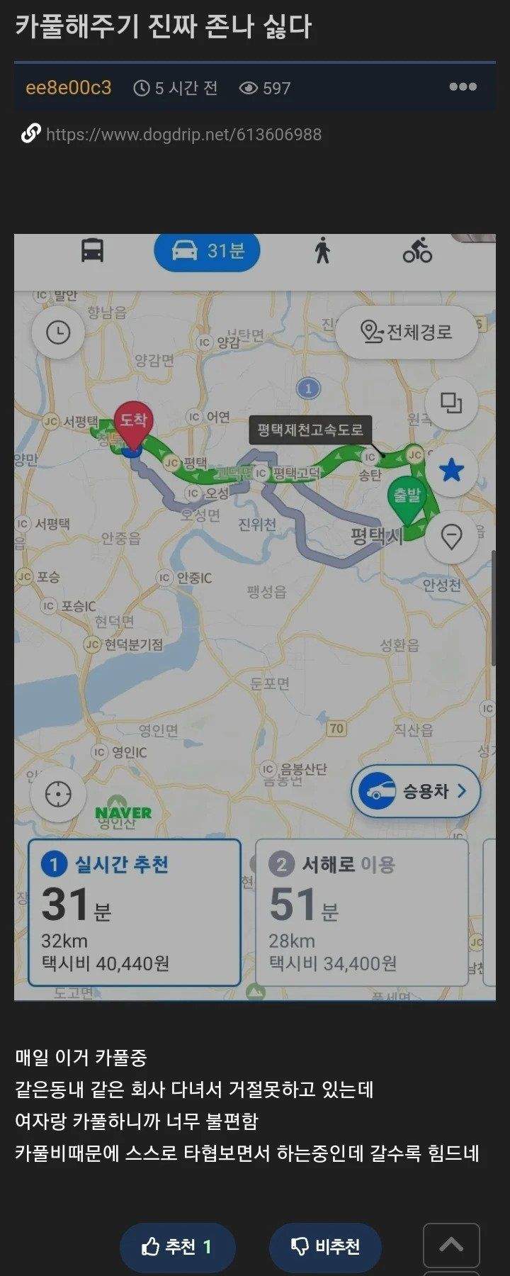 카풀비 45만원 받아도 카풀이 싫다는 사람