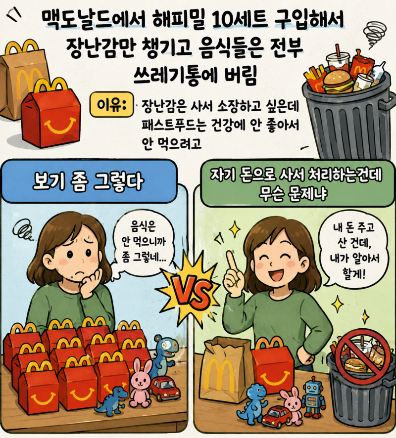 맥도날드에서 해피밀 샀는데 음식 다 버림.jpg